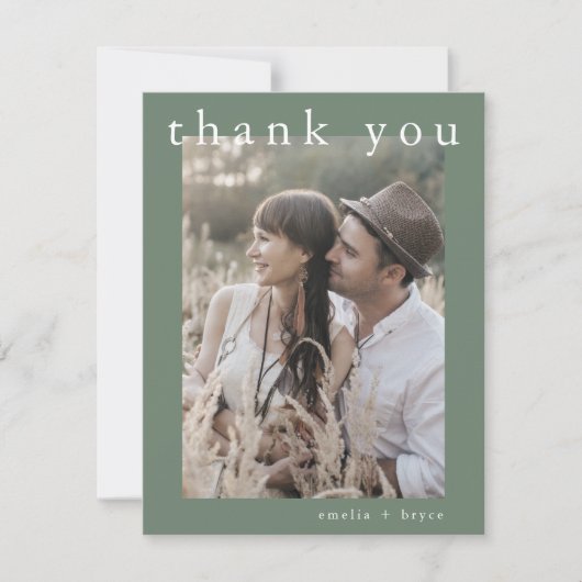 Carte De Remerciements EMELIA Flat Simple Sage Green Rustic Photo Mariage (Devant)