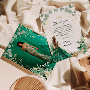 Carte De Remerciements Emerald Green Gold Floral Photo Quinceanera