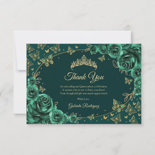 Carte De Remerciements Emerald Green Gold Quinceanera (Devant)