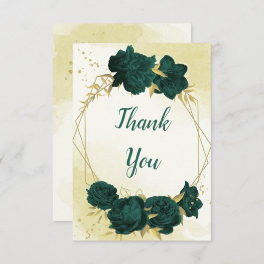 Carte De Remerciements Emerald vert fleurs or feuille mariage (Devant / Derrière)