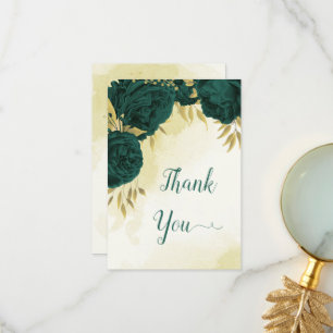 Carte De Remerciements Emerald vert fleurs or feuille mariage