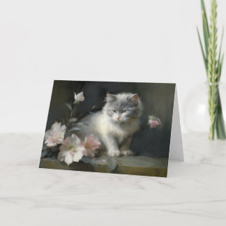 Carte De Remerciements En Compagnie De Fleurs Gris et Blanc Kitten