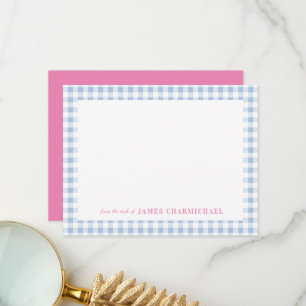 Carte De Remerciements En vichy bleu avec rose du bureau de