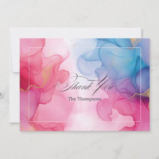 Carte De Remerciements Encre alcool rose et bleue avec accents dorés (Devant)