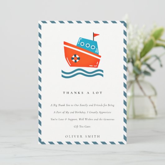 Carte De Remerciements Enfants mignons nautiques bateau anniversaire tout (Debout devant)