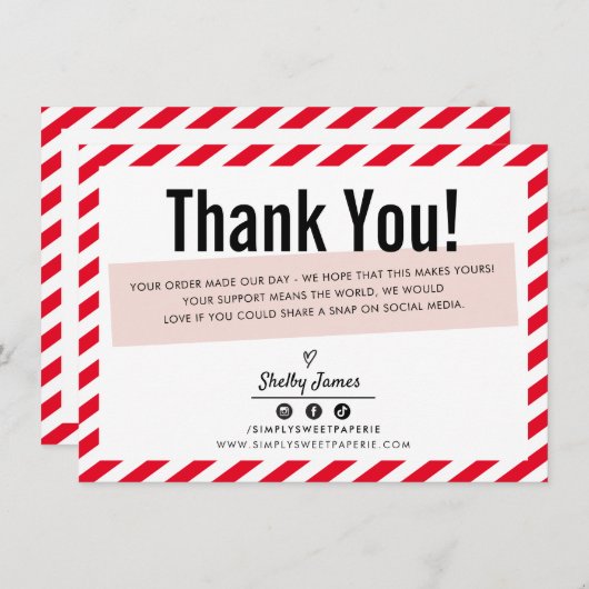 Carte De Remerciements ENTREPRISE INSERT moderne minima rayé rouge rose (Devant / Derrière)