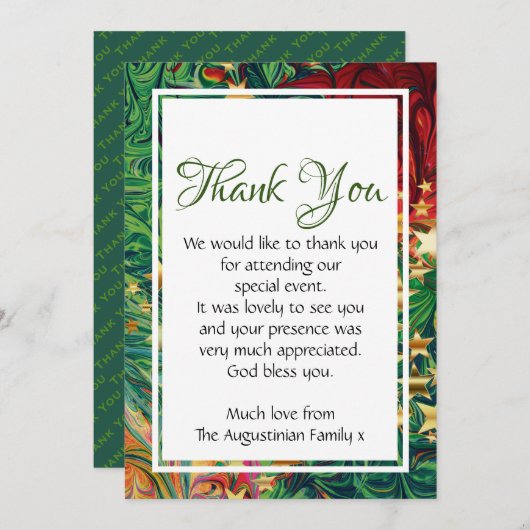 Carte De Remerciements ÉTOILES DE NOËL Rouge Vert Or Rétro Festif (Devant / Derrière)