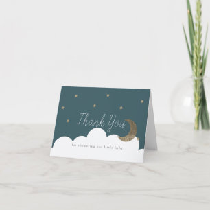 Carte De Remerciements Etoiles d'or & Crecent Lune Baby shower bleu marin