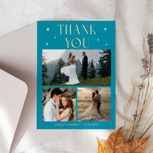Carte De Remerciements Étoiles Élégantes Mariage Multi Photo Bleu Aqua