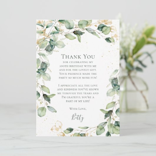 Carte De Remerciements Eucalyptus 100th Birthday (Debout devant)