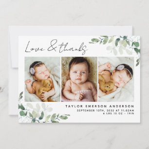 Carte De Remerciements Eucalyptus 3 Photo Bébé Statistiques de naissance