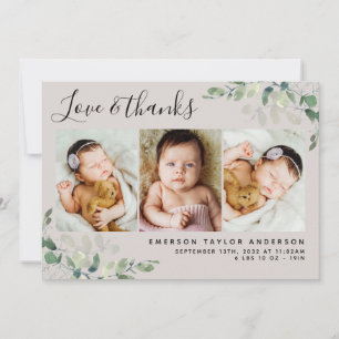Carte De Remerciements Eucalyptus beige 3 Photo Chiffres de naissance