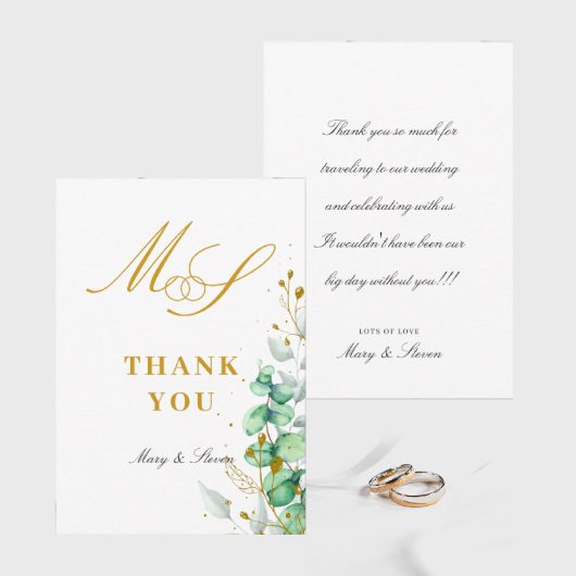 Carte De Remerciements Eucalyptus et or Mariage Monogramme