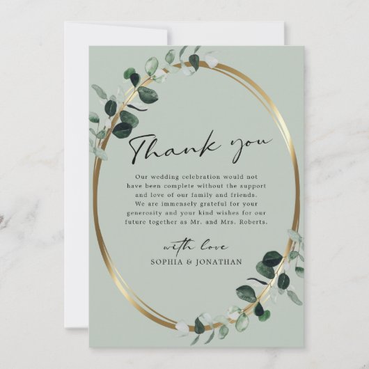 Carte De Remerciements Eucalyptus Gold Moderne Calligraphie Sage Mariage (Devant)