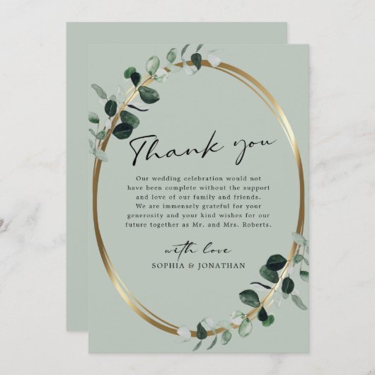 Carte De Remerciements Eucalyptus Gold Moderne Calligraphie Sage Mariage (Devant / Derrière)