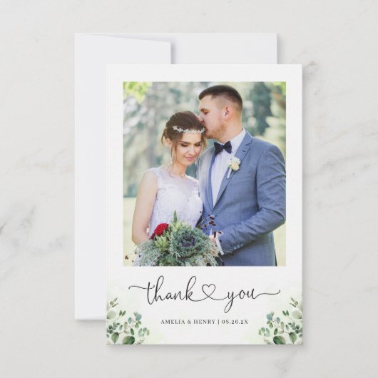 Carte De Remerciements Eucalyptus Mariage de script de coeur de verdure P (Devant)