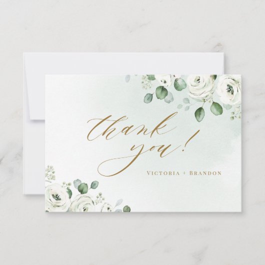Carte De Remerciements Eucalyptus verdure blanc fleuri rustique mariage (Devant)