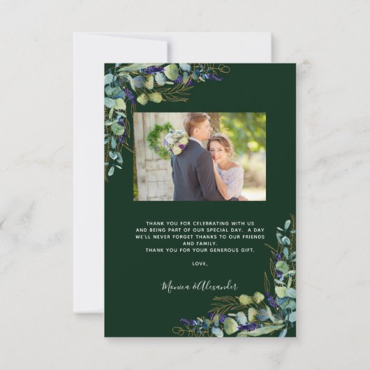 Carte De Remerciements Eucalyptus vert émeraude mariage photo moderne (Dos)