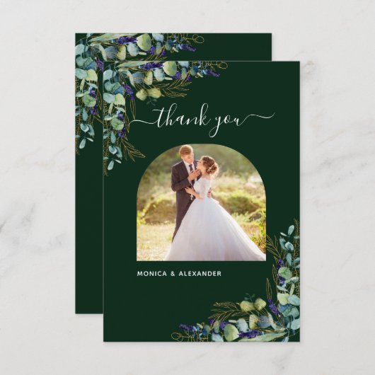 Carte De Remerciements Eucalyptus vert émeraude mariage photo moderne (Devant / Derrière)