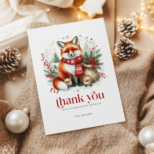 Carte De Remerciements Famille de renard de Noël Typographie rétro rouge
