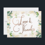 Carte De Remerciements Farmhouse Fresh Rustic Country Love and Thanks<br><div class="desc">Farmhouse Fraîche Rustique Pays Floral Aquarelle Lush Flower Design avec verdure, Vins, Feuille, Foliage, et des accents de papier de cuivre. Couleurs douces et subtiles d'ivoire, blanc, rose vif et jaune beurre. Un cottage chic look parfait pour un printemps, été ou mariage de automne à votre maison, ferme, ou lieu...</div>