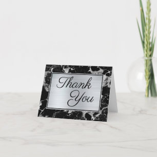 Carte De Remerciements Faux marbre noir et argent Calligraphie élégante