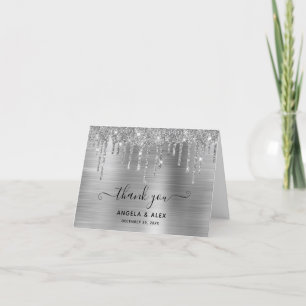 Carte De Remerciements Faux Mariage Paillettes Gouttes Argent Brillante F