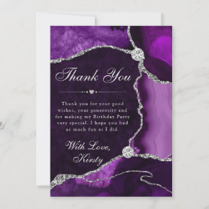 Carte De Remerciements Faux Pailleté Agate Violet et Argent Anniversaire
