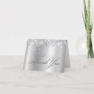 Carte De Remerciements Faux Pailleté Argent Glitter Satin Ombre Feuille