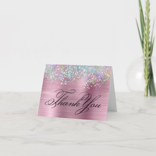 Carte De Remerciements Faux Sparkly Holographic Parties scintillant Rose  (Devant)