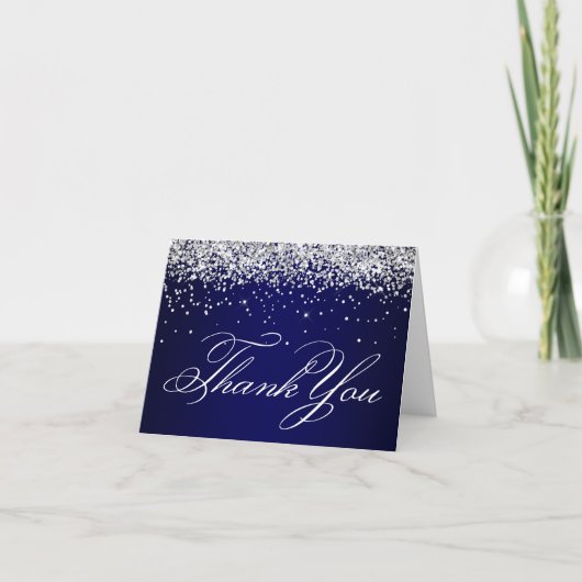 Carte De Remerciements Faux Sparkly Silver Parties scintillant bleu marin (Devant)