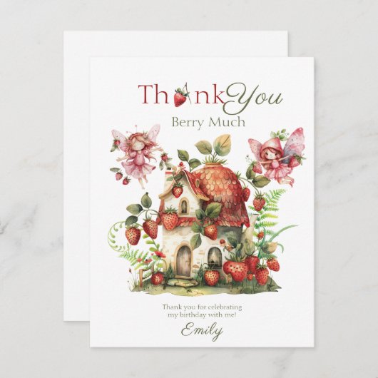 Carte De Remerciements Fée de la fraise Fille douce Premier anniversaire (Devant / Derrière)
