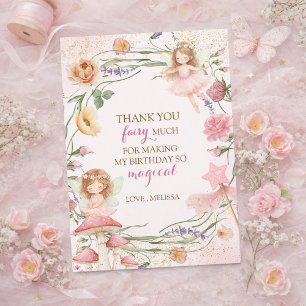 Carte De Remerciements Fée Magique Jardin Floral Rose Fille Anniversaire