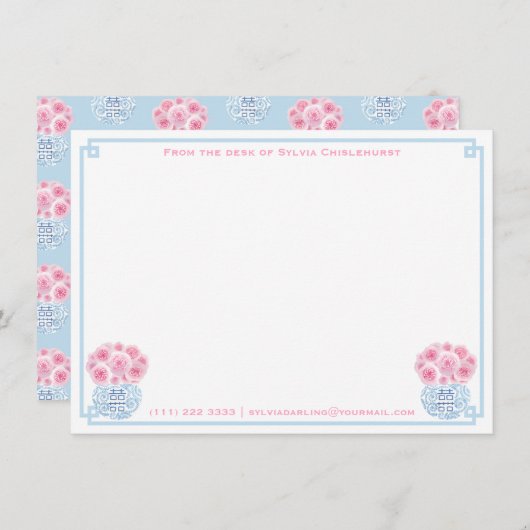 Carte De Remerciements Féminin Rose Bleu Double Bonheur Chinoiserie (Devant / Derrière)