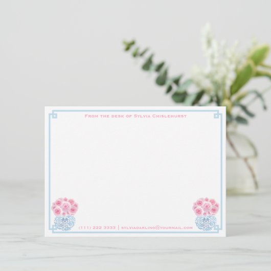 Carte De Remerciements Féminin Rose Bleu Double Bonheur Chinoiserie (Debout devant)