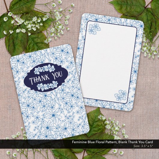 Carte De Remerciements Feminine Blue Floral Pattern, Blank