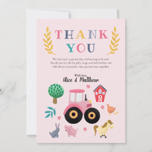 Carte De Remerciements Ferme d'animaux pour filles Tracteur rose Annivers (Devant)