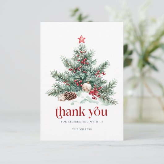 Carte De Remerciements Festif Arbre de Noël Rouge Typographie rétro (Debout devant)