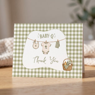 Carte De Remerciements Fête Bébé BBQ Sage Gingham Rustique Personnalisée