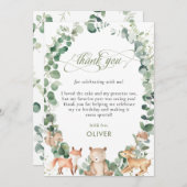 Carte De Remerciements Fête d'anniversaire 1 an Animaux de la Forêt Migno (Devant / Derrière)