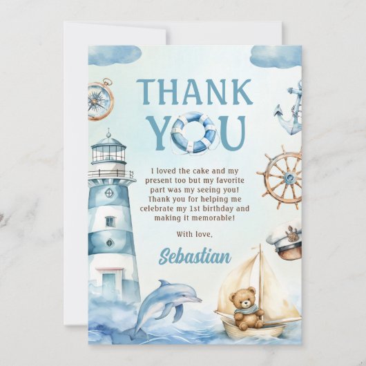Carte De Remerciements Fête d'anniversaire 1 an marin voilier bleu Ohé ma (Devant)