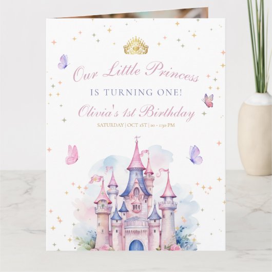 Carte De Remerciements Fête d'anniversaire 1ère Princesse Fille Château P (Devant)