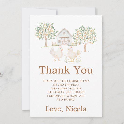 Carte De Remerciements Fête d'anniversaire à la ferme des poules mignonne (Devant)
