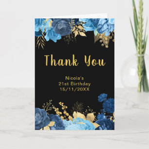 Carte De Remerciements Fête d'anniversaire aux fleurs bleues et or élégan