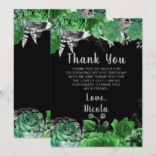 Carte De Remerciements Fête d'anniversaire aux fleurs vertes et argentées