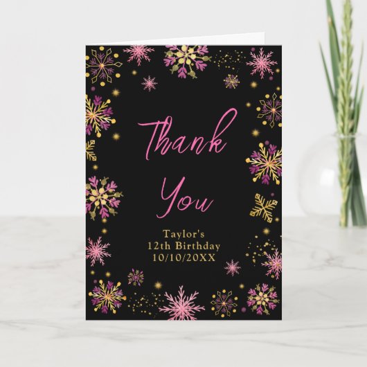 Carte De Remerciements Fête d'anniversaire aux flocons de neige dorés et (Devant)