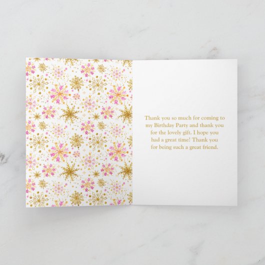 Carte De Remerciements Fête d'anniversaire aux flocons de neige rose et o (Intérieur)
