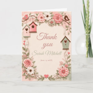 Carte De Remerciements Fête d'anniversaire aux oiseaux floraux roses