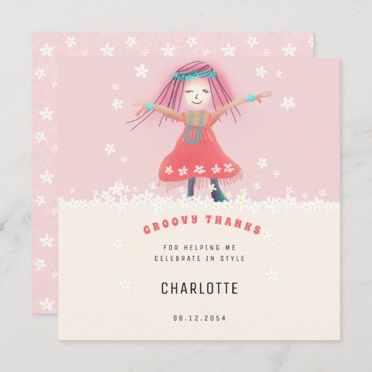 Carte De Remerciements Fête d'anniversaire bohème rose groovy pour fille (Devant / Derrière)