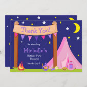 Carte De Remerciements Fête d'anniversaire Camping Pyjama Rose et Violet (Devant / Derrière)